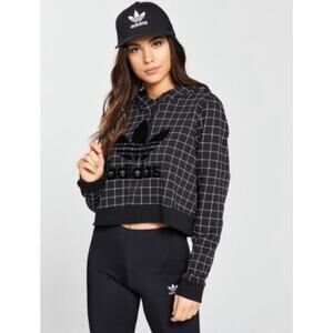Adidas Originals CLRDO Crop Hoodie Black Tan Check Windowpane Grid Flocked Logo